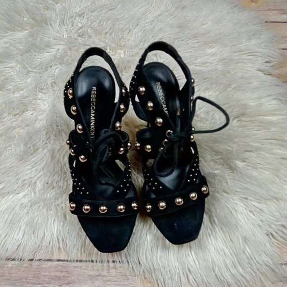 Rebecca Minkoff | ‘Ilima’ Black Leather Suede Studded Heeled Platform Sandals - Picture 4 of 8
